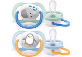 Philips Silicone Orthodontic Pacifiers for 0-6 months with Elephant Night Case - Penguin Green - Blue 2pcs