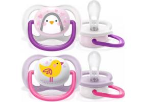 Philips Silicone Orthodontic Pacifiers for 0-6 months with Bird Case - Penguin Pink-Purple 2pcs