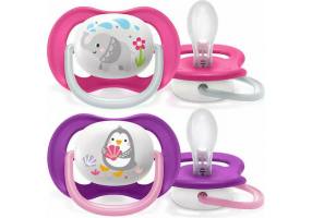 Philips Silicone Orthodontic Pacifiers for 6-18 months with Elephant Case - Penguin Pink-Purple 2pcs
