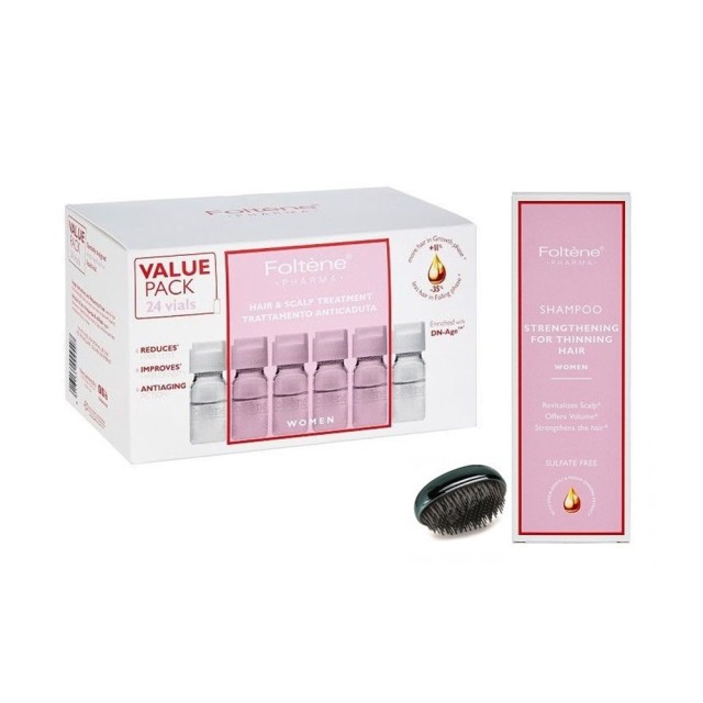 FOLTENE - Hair   Scalp Treatment Women Value Pack (24 x 6ml)   Shampoo Thinning Hair Women (200ml)   Detangling Brush