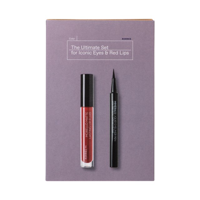 KORRES - The Ultimate Set Liquid Eyeliner Pen 01 Black (1ml)   Morello Matte Lasting Lip Fluid No.59 Brick Red (3.4ml)